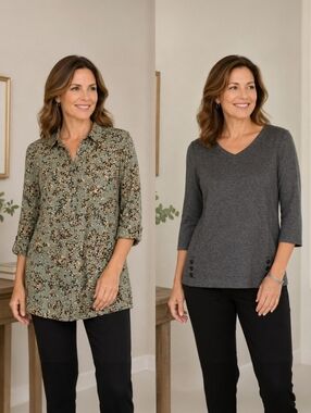 J Jill Womens Tops sz Small Petite Floral Gray Shirt Blouse Pullover Button Up